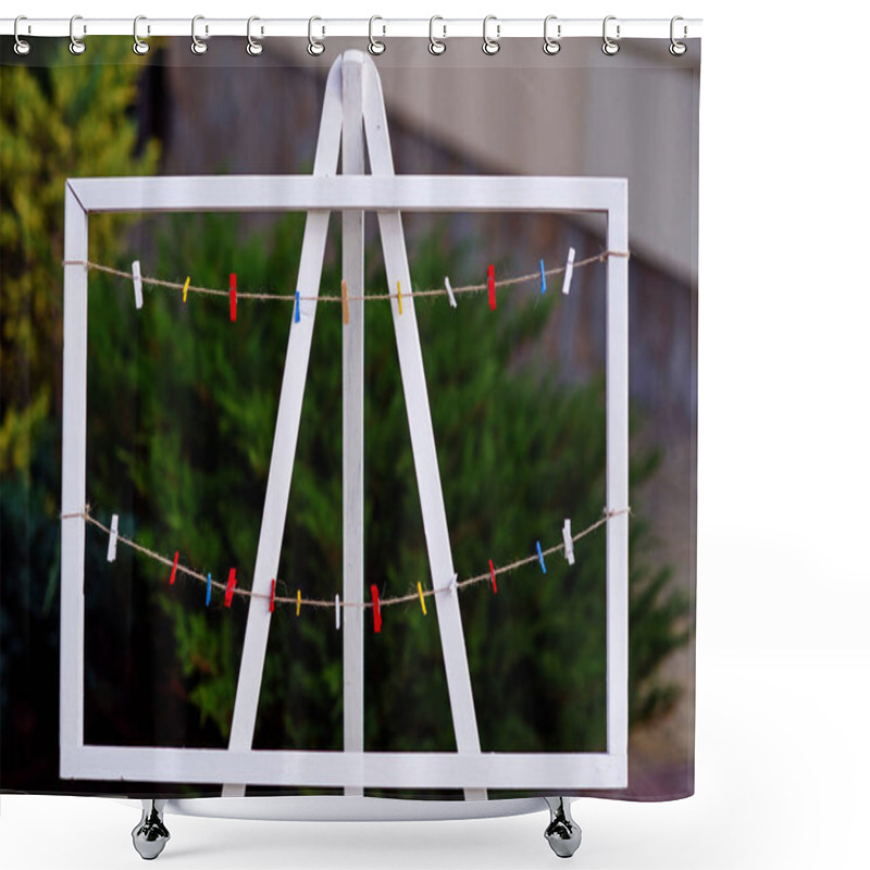 Personality  White Wooden Decorative Easel With Ropes And Cuffs. Wedding Party Decorations. Place For Photos. Shower Curtains