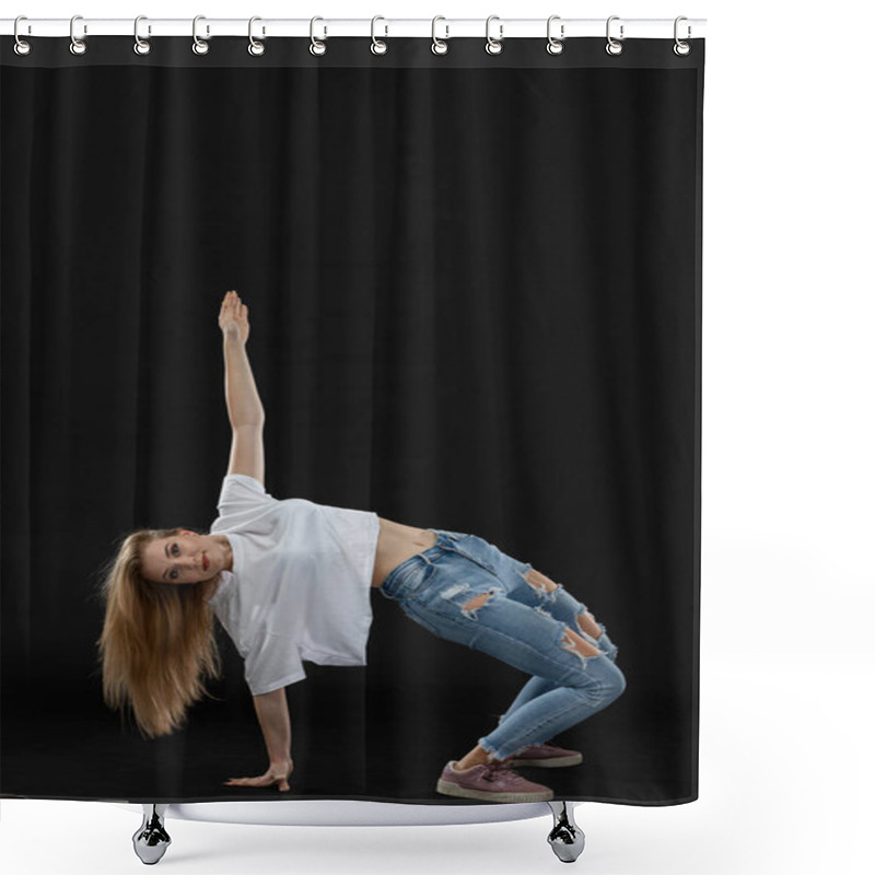 Personality  Young Dancer Bent Backwards And Supports Herself With One Hand. Long Blonde Hair. Shower Curtains