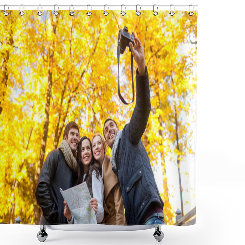 Personality  Group Of Friends With Map Outdoors Shower Curtains