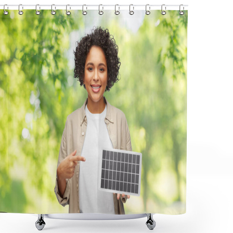 Personality  Happy Smiling Woman Showing Solar Battery Model Shower Curtains