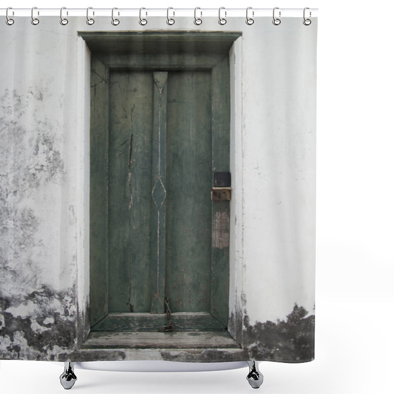 Personality  An Ancient Green Wooden Door On The Old White Wall, Part Of The Synagogue. Shower Curtains