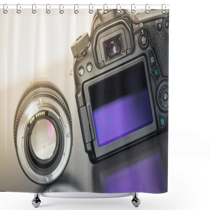 Personality  Back View Of A Professional Reflex Camera With Flip Lsd Screen And A Photo Lens Shower Curtains