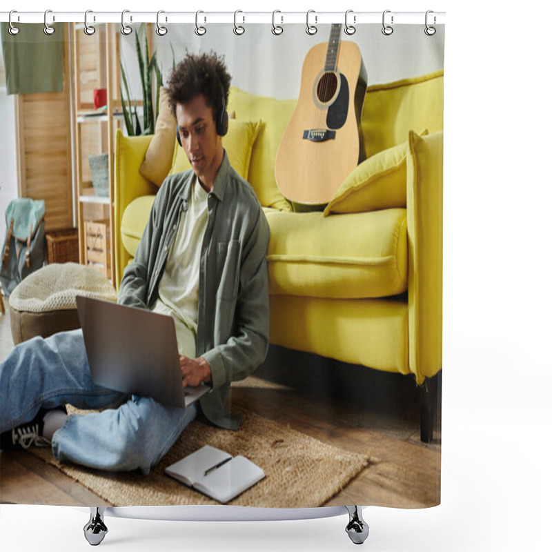 Personality  Young Man With Guitar And Laptop On Floor. Shower Curtains