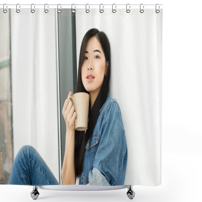 Personality  Asian Woman Drinking Coffee Shower Curtains