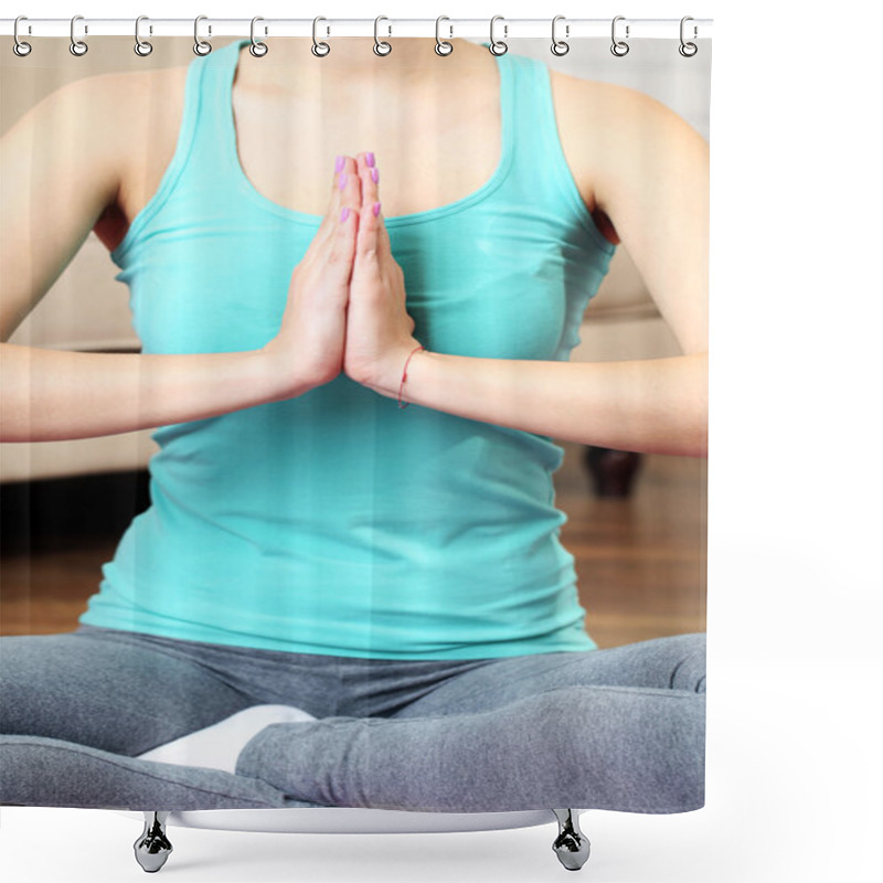 Personality  Hand Yoga Gesture On Bright Background Shower Curtains