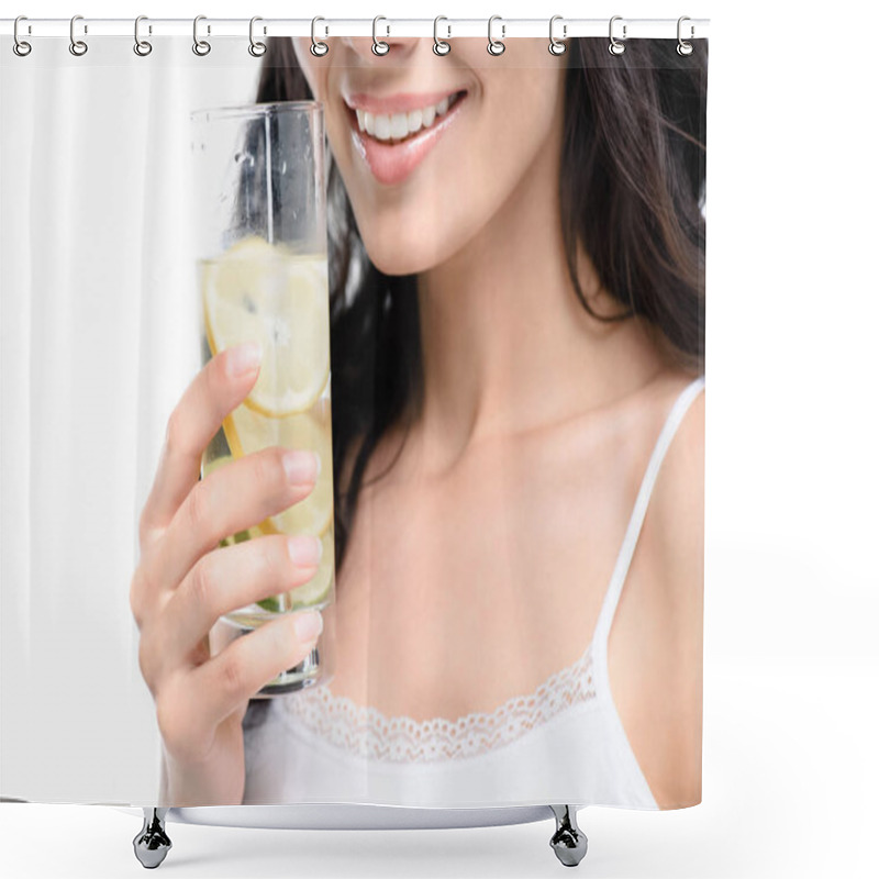 Personality  Woman Holding Glass Of Water With Lemon Shower Curtains