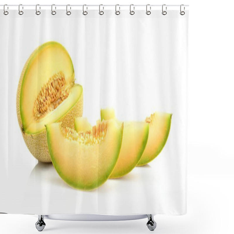 Personality  Closeup Melon Galia With Slices Isolated On White Shower Curtains