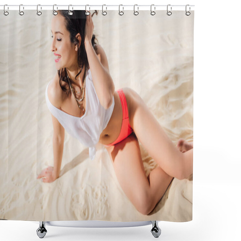 Personality  Beautiful Smiling Girl In White Top Sitting And Posing On Beach Shower Curtains