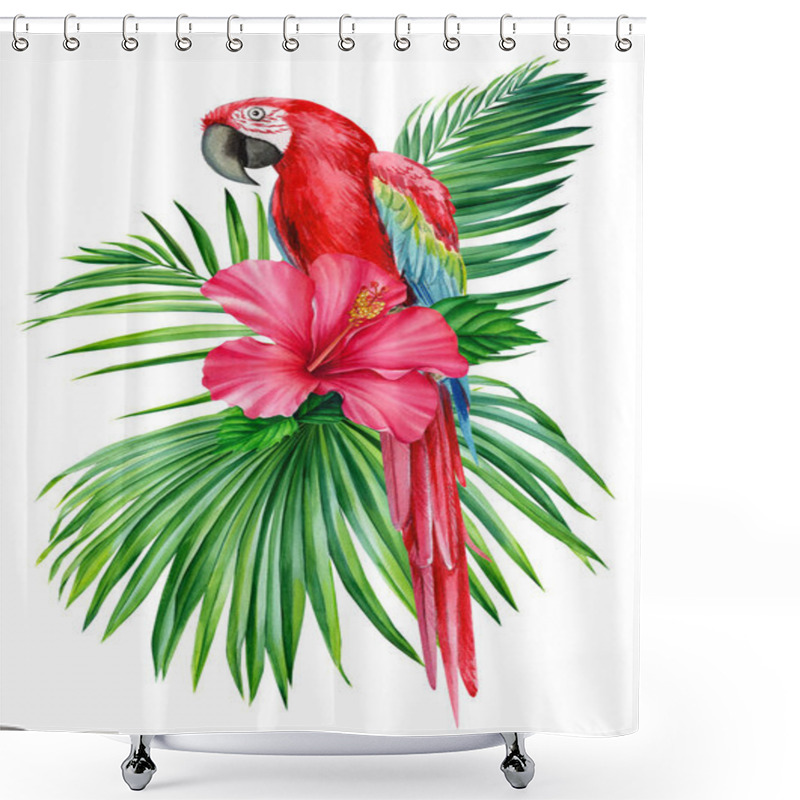 Personality  Watercolor Illustration With Red Macaw Parrot, Tropical Leaves, Hibiscus. Isolated On White Background Shower Curtains