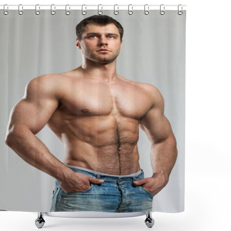 Personality  Handsome Muscular Guy With Naked Torso Isolater Over A Grey Background Shower Curtains