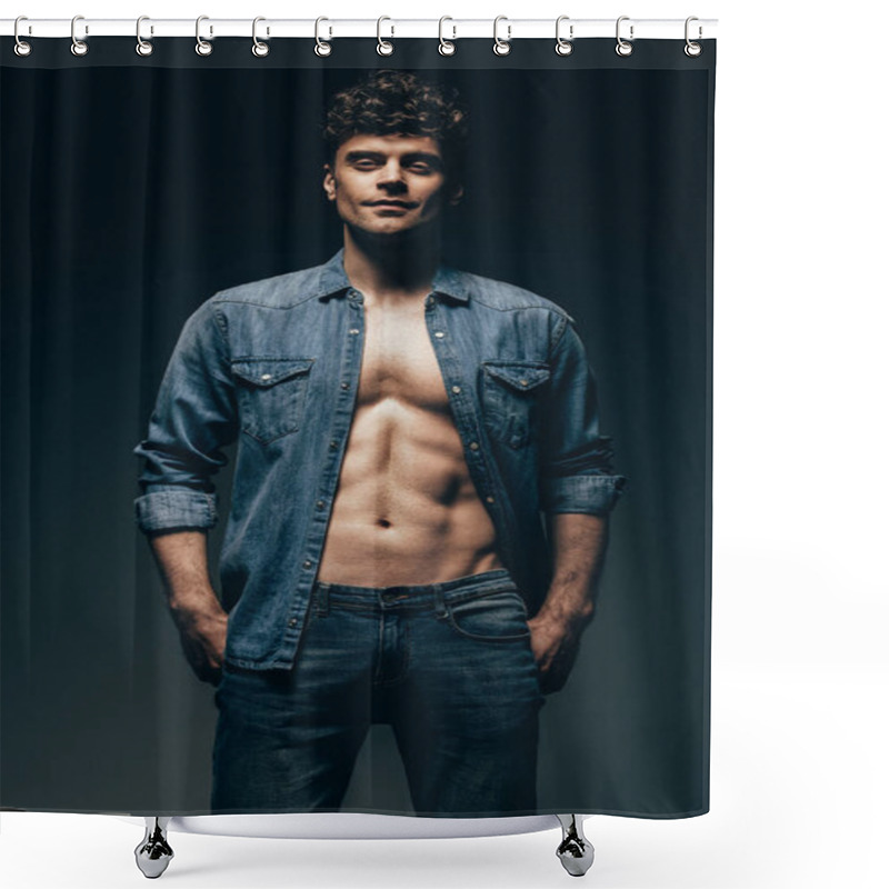 Personality  Handsome Young Man Posing In Denim Shirt Isolated On Grey Shower Curtains