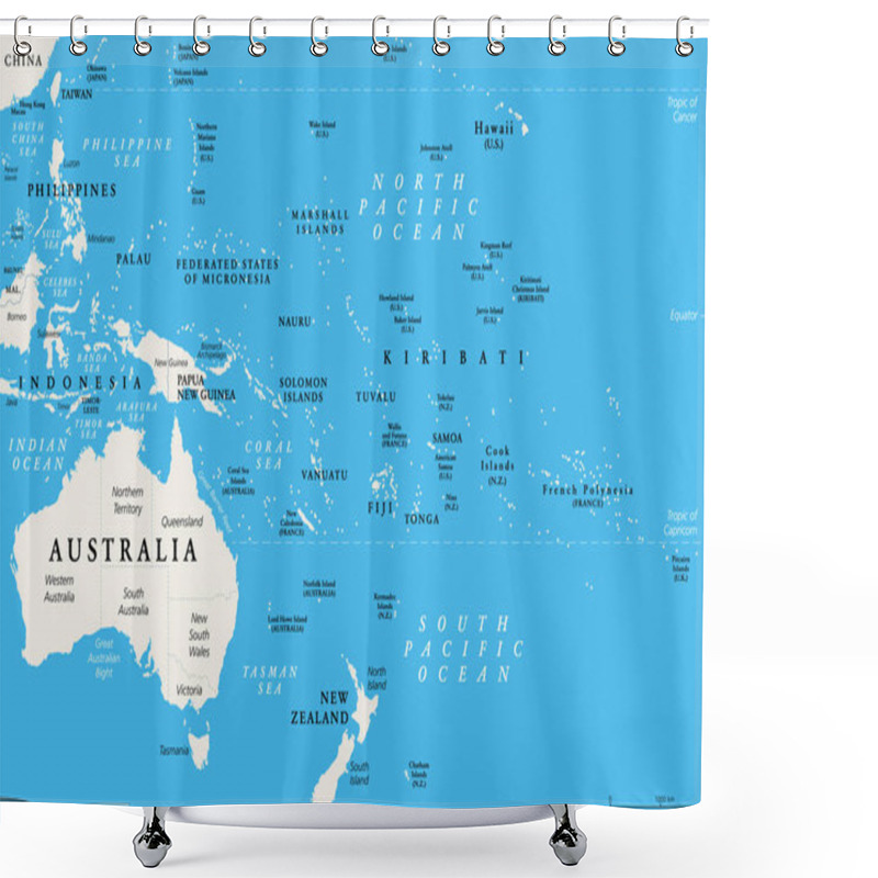 Personality  Oceania, Political Map. Australia And The Pacific, Including New Zealand. Geographic Region, Southeast Of The Asia-Pacific Region, Including Australasia, Melanesia, Micronesia And Polynesia. Vector. Shower Curtains