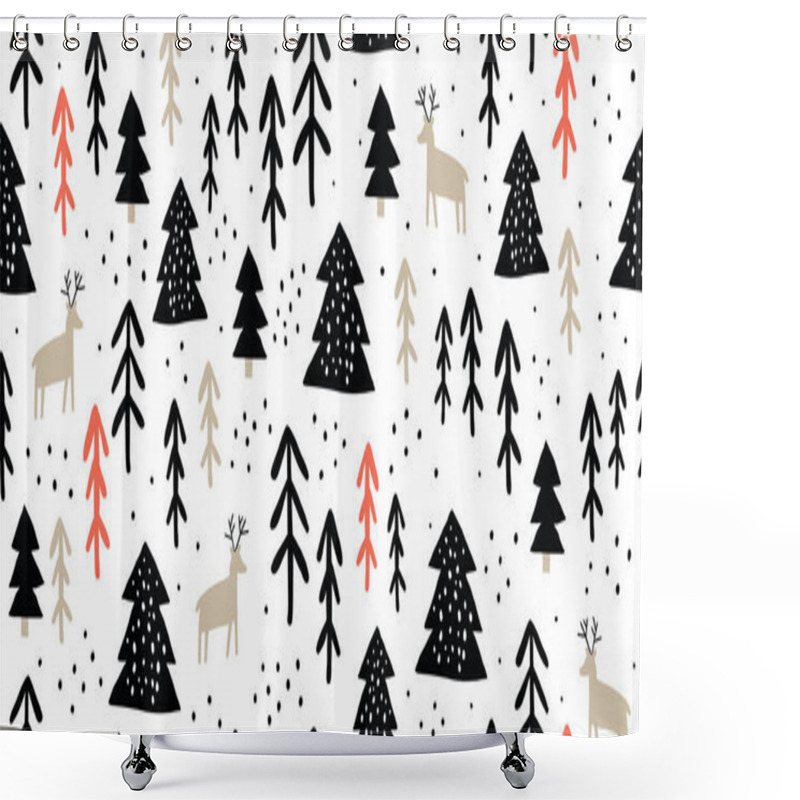 Personality  Childish Seamless Pattern With Deers And Pines Shower Curtains