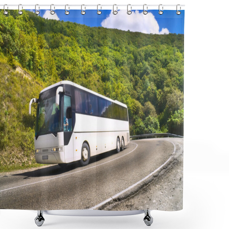 Personality  Tourist Bus Traveling On Road Among Mountains Shower Curtains