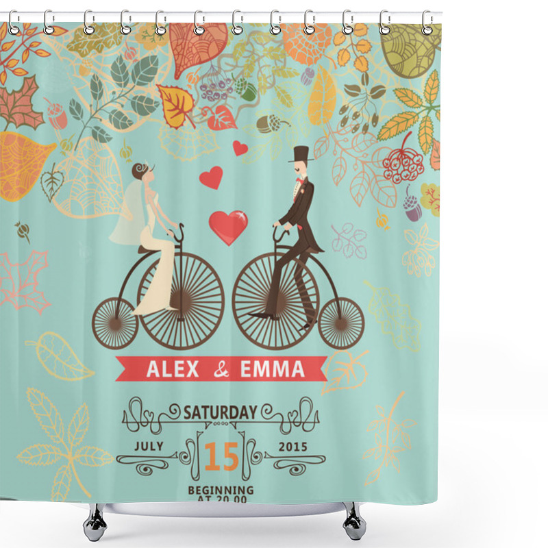 Personality  Wedding Invitation .Groom,bride,retro Bicycle,autumn Leawes Shower Curtains