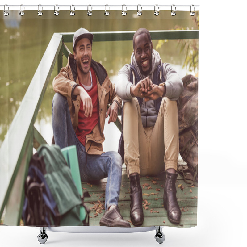 Personality  Smiling Men With Backpacks Sitting On Pier Shower Curtains