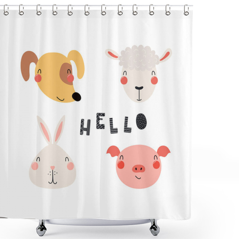 Personality  Set Of Funny Farm Animals Faces With Word Hello On White Background Shower Curtains