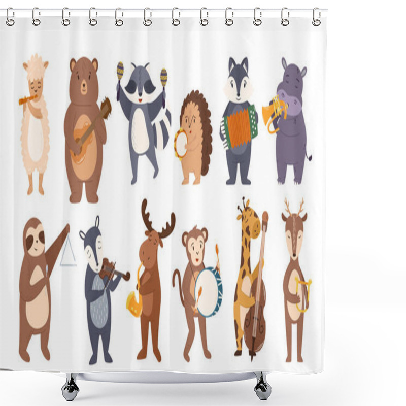 Personality  Set Of Animals Play Music. Cute Sheep, Bear, Raccoon And Hedgehog, Badger, Hippopotamus, Sloth And Deer With Monkey, Giraffe And Moose Playing On Different Instruments. Cartoon Vector Illustration Shower Curtains