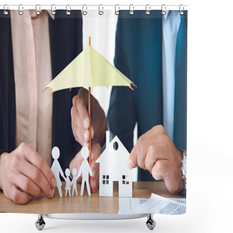 Personality  Partial View Of Insurance Agents Covering Family And House Paper Models With Umbrella At Workplace Shower Curtains