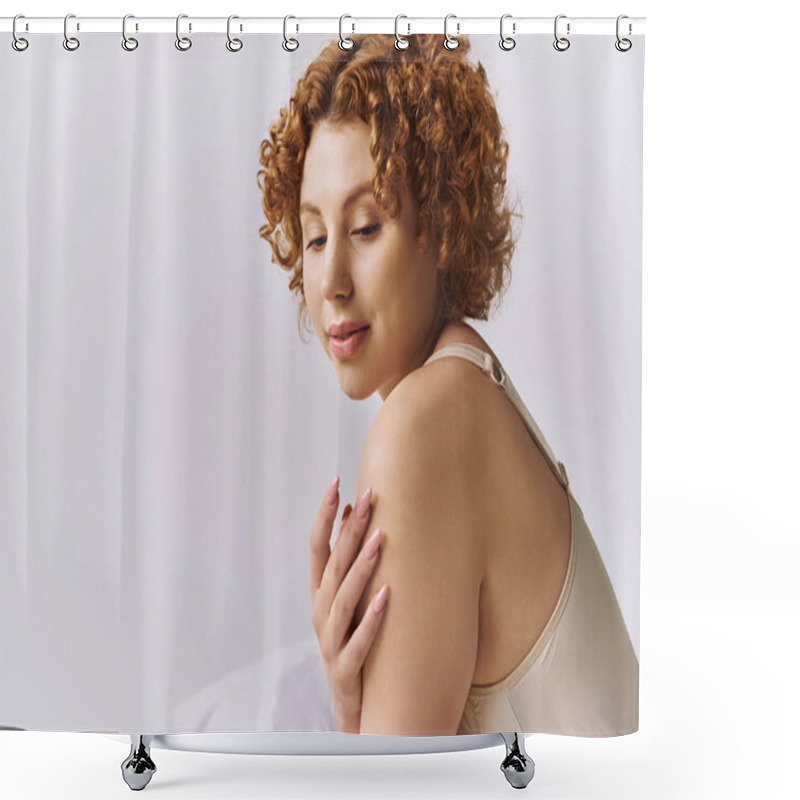 Personality  A Young, Curvy Woman With Fiery Curls Lounging On A Cozy Bed In Lingerie Against A Serene Grey Backdrop. Shower Curtains