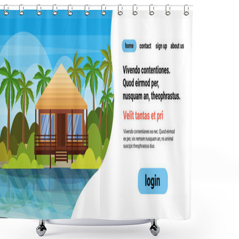 Personality  Tropical Island Villa Bungalow Hotel On Beach Seaside Green Palms Landscape Summer Vacation Concept Flat Horizontal Copy Space Shower Curtains