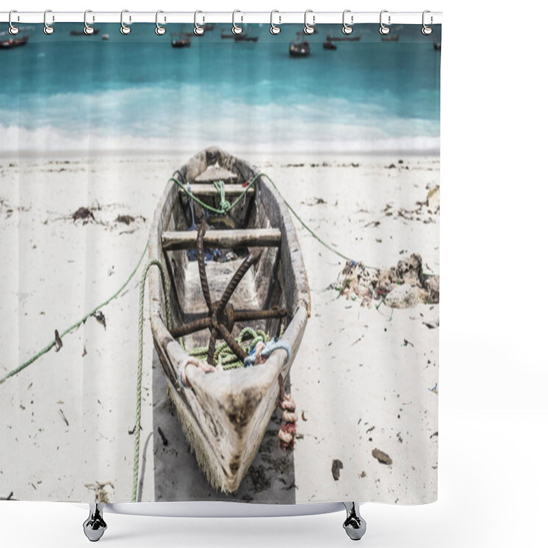 Personality  Beautiful Zanzibar Coast Line. Wooden Fisherman Boat On Sandy Beach With Blue Water Background, Zanzibar, Tanzania Shower Curtains