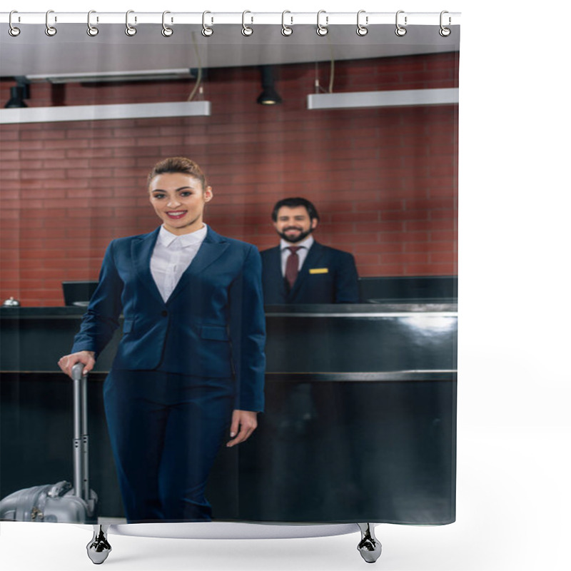 Personality  Happy Businesswoman With Luggage Standing In Front Of Hotel Reception Counter With Administrator Shower Curtains