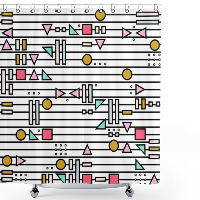 Personality  Vector Abstract Seamless Pattern With Geometric Shapes On The Striped Background. Memphis Style. Shower Curtains