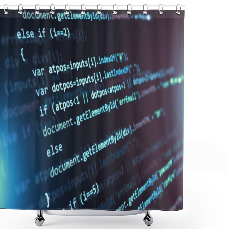 Personality  Creative Abstract PHP Web Design, Internet Programming HTML Language And Digital Computer Technology Business Concept: 3D Render Illustration Of The Macro View Of Software Source Code On Screen Monitor With Selective Focus Effect Shower Curtains