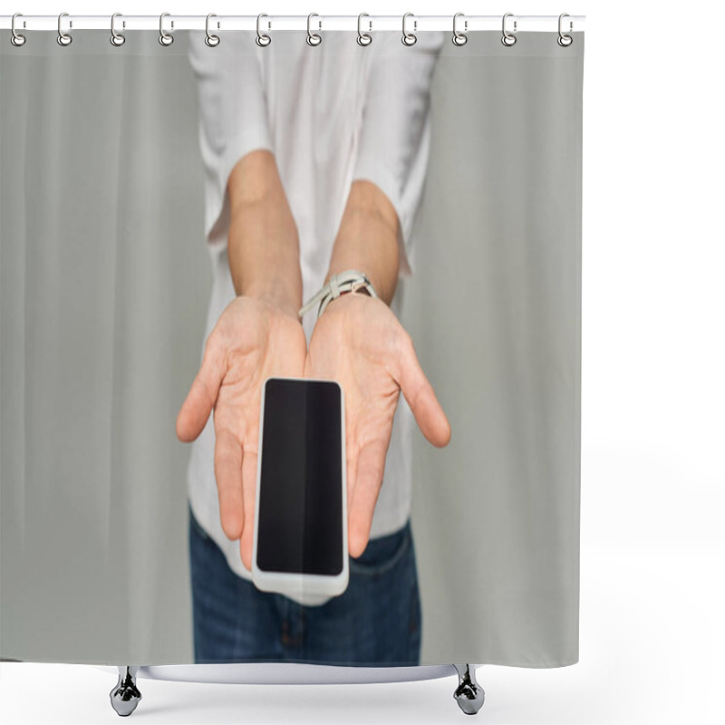 Personality  Cropped View Of Person Holding Mobile Phone With Blank Screen On Grey Backdrop, Smartphone In Hands Shower Curtains