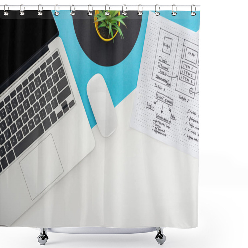 Personality  Top View Of Laptop, Computer Mouse, Plant, Website Design Template On Abstract Geometric Background Shower Curtains