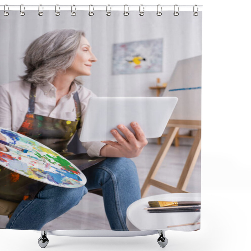 Personality  Mature Woman Holding Palette And Digital Tablet While Looking At Canvas Shower Curtains