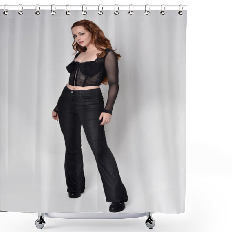 Personality  Full Length Portrait Of Beautiful Woman With Long Red Hair Wearing Black Corset Top And Leather Pants. Standing Pose, Walking Forwards With Gestural Hands Reaching Out. Isolated On White Studio Background. Shower Curtains