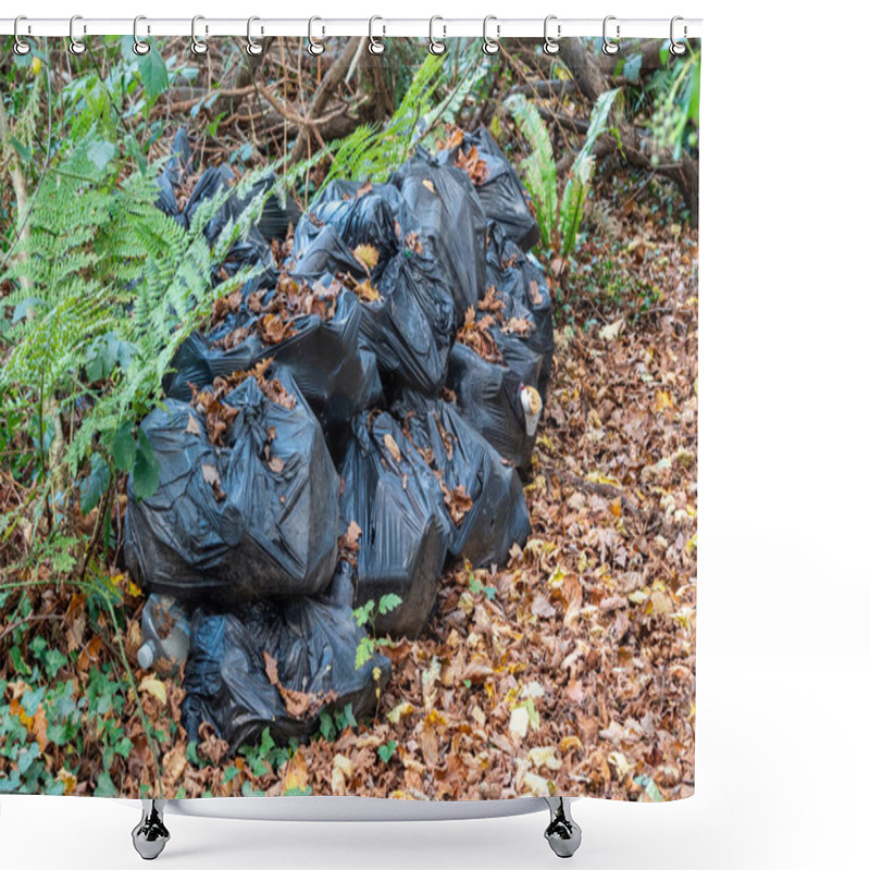 Personality  Black Plastic Rubbish Bags Of Waste Litter Containing Plastic Bottles And Cups Along With Paper Packaging With Bags And Tin Cans Left As Careless Garbage Dumped Polluting The Rural Environment,  Photo Shower Curtains