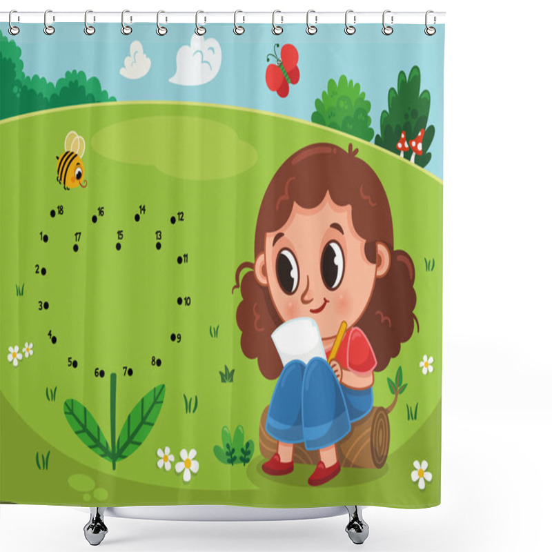 Personality  Connect Dots By Numbers. Children Educational Game. Meadow Theme With A Cute Girl. Dot To Dot Colorful Worksheet For Toddlers And Preschool Years Kids. Shower Curtains