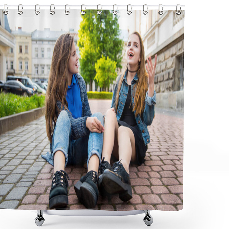 Personality  Beautiful Young Girl Resting On Street. Emotional Conversation Sisters. Shower Curtains