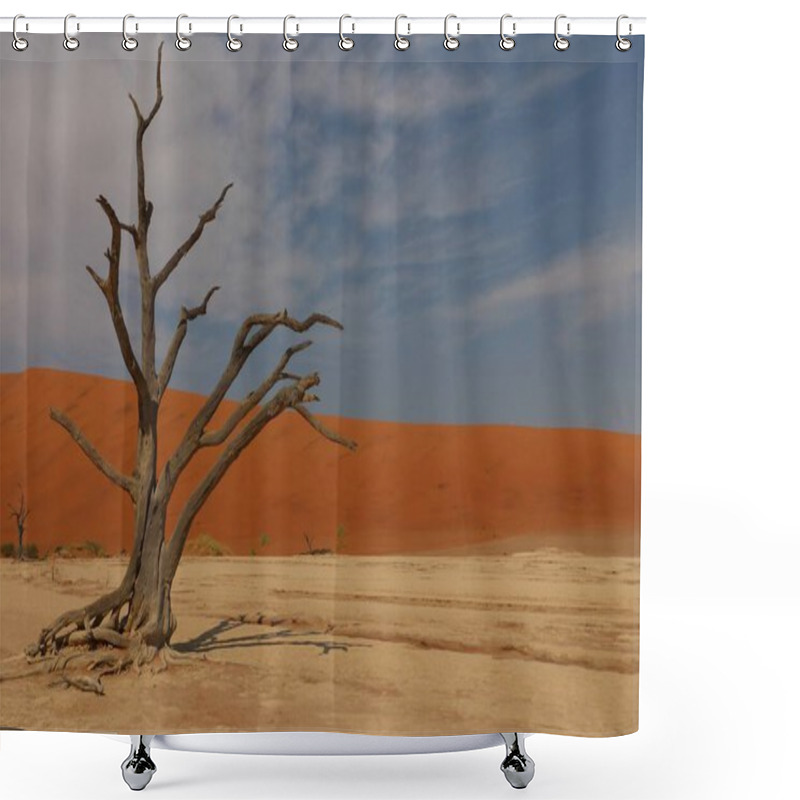 Personality  Deadvlei, A Vast Desert Landscape In Sossusvlei, Namibia, Featuring A White Clay Pan Surrounded By Towering Red Sand Dunes And Scattered Dead Camelthorn Trees Under A Blue Sky Shower Curtains