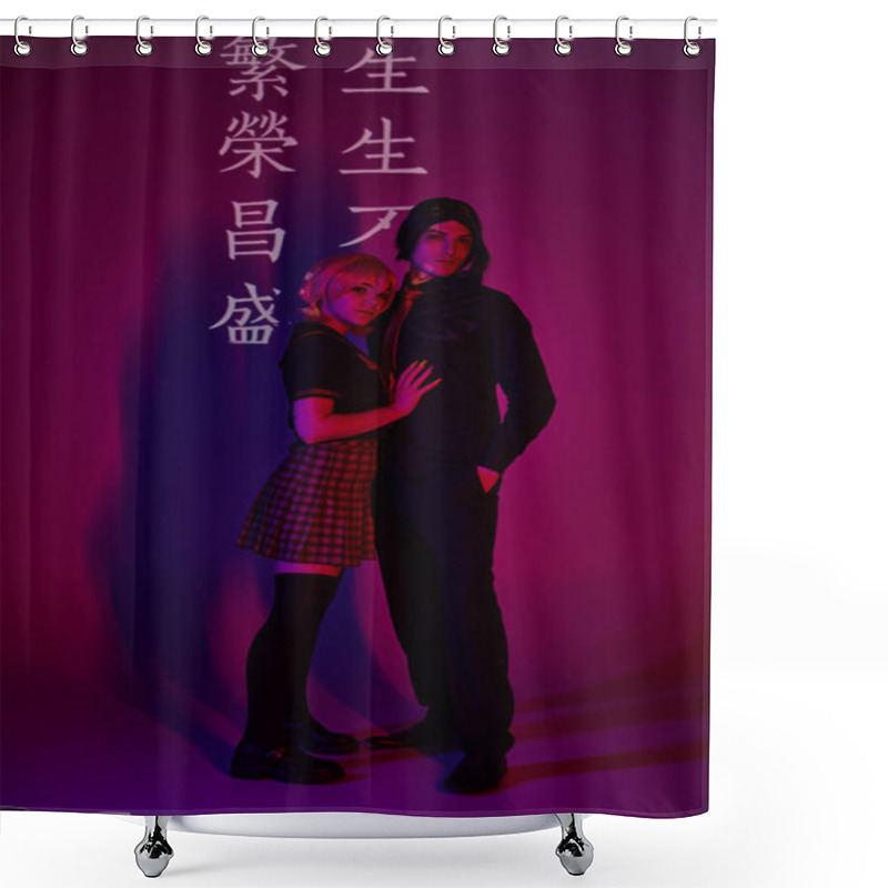 Personality  Couple Of Students In Uniform In Neon Light On Purple Backdrop With Hieroglyphs, Trendy Cosplayers Shower Curtains