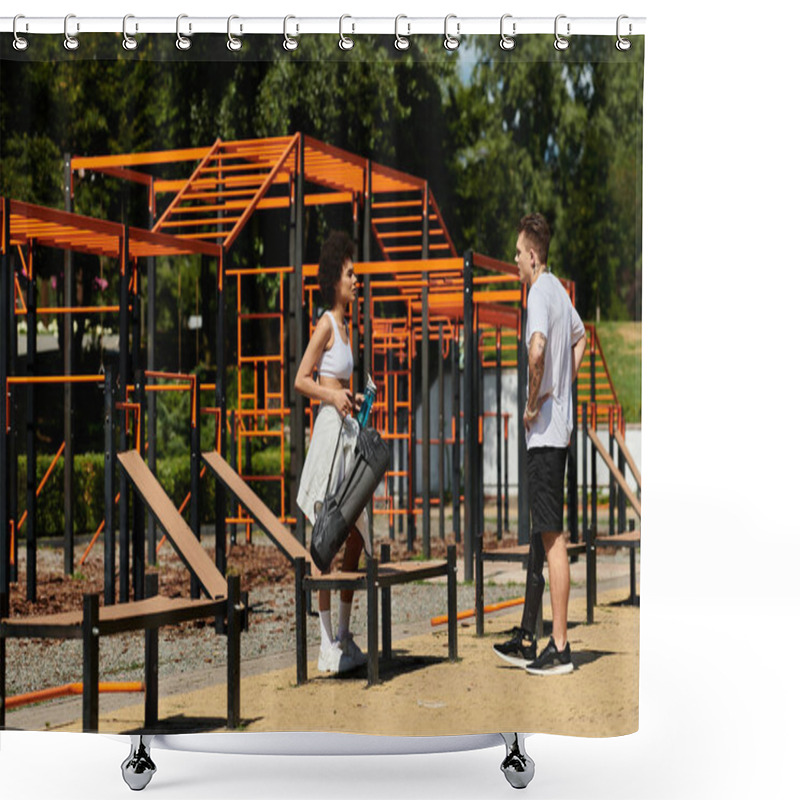 Personality  Two Friends Enjoy An Energetic Workout Outside, Promoting Strength And Camaraderie In Nature. Shower Curtains