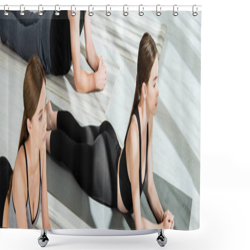 Personality  Panoramic Shot Of Young Women Practicing Yoga In Sphinx Pose Shower Curtains