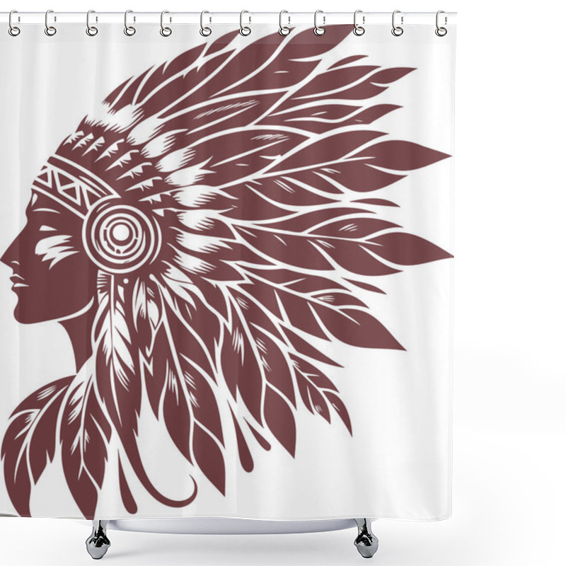 Personality  Profile Of A Native American Chief In Detailed Feather Headdress Illustration Shower Curtains