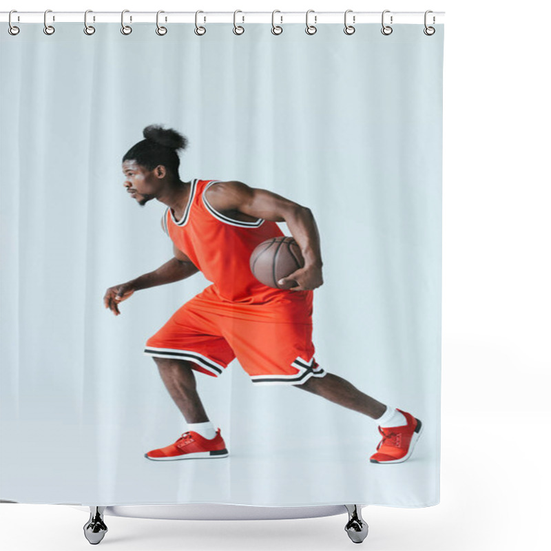 Personality  African American Sportsman In Red Sportswear Playing Basketball On Grey Background Shower Curtains