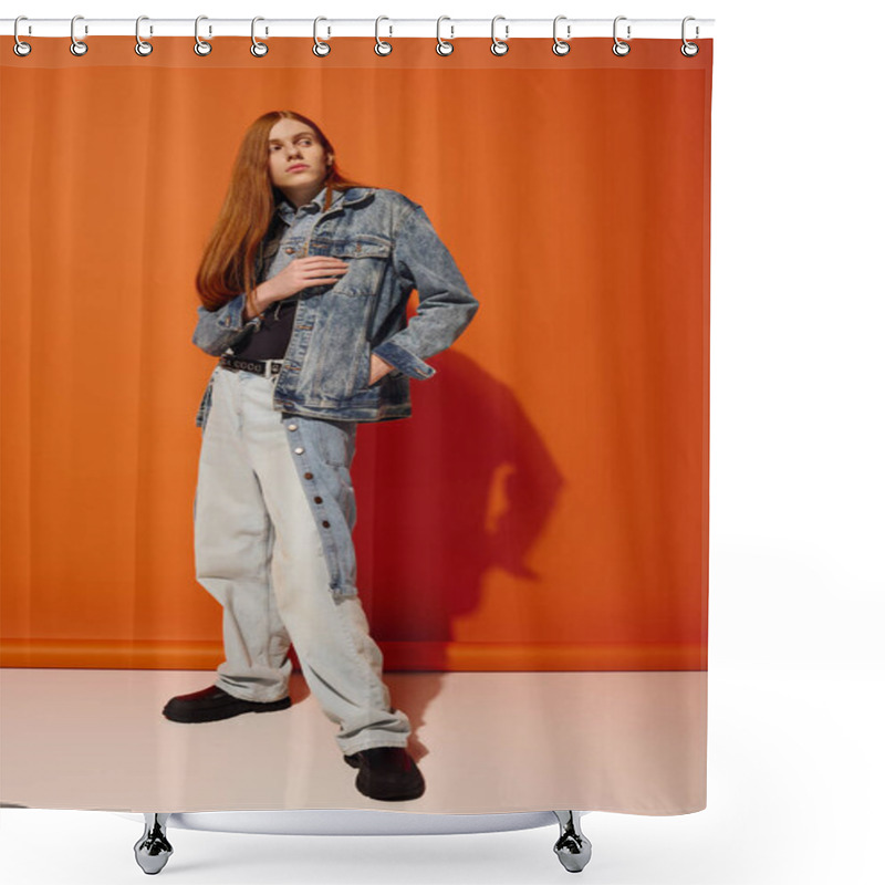 Personality  A Young Man In Denim With Long Red Hair Poses Expressively By An Orange Wall. Shower Curtains