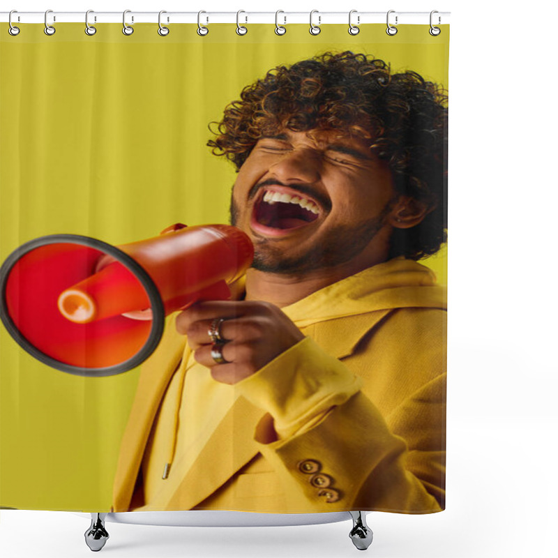 Personality  Handsome Young Indian Man In Bold Yellow Suit Commands Attention With Red And Black Megaphone. Shower Curtains