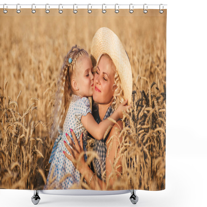 Personality  Beautiful Young Mother And Her Daughter Having Fun At The Wheat Field Shower Curtains