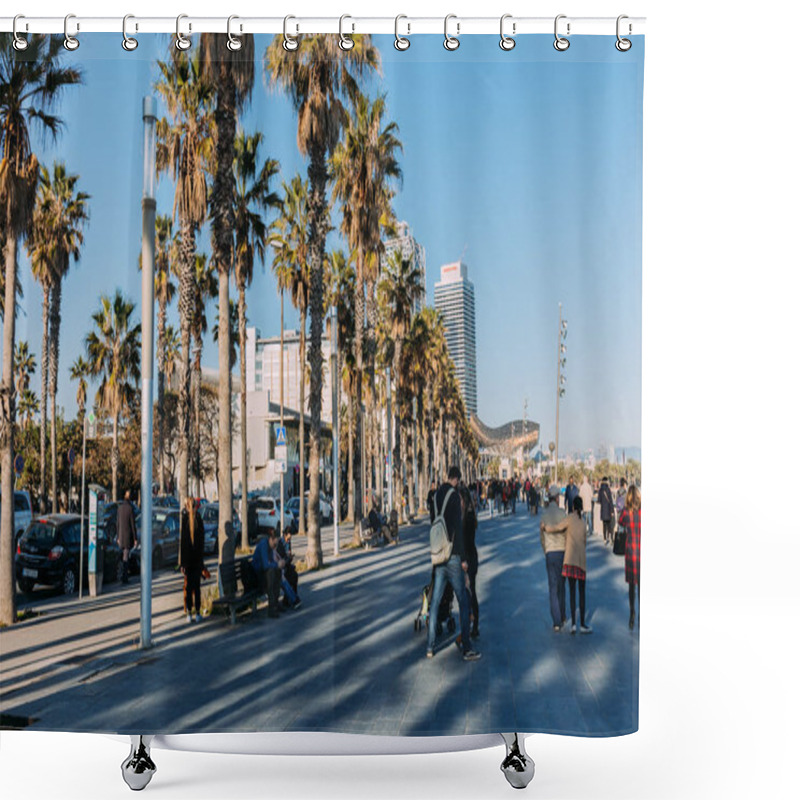 Personality  BARCELONA, SPAIN - DECEMBER 28, 2018: Wide Alley With Tall Green Palm Trees And Walking People Shower Curtains