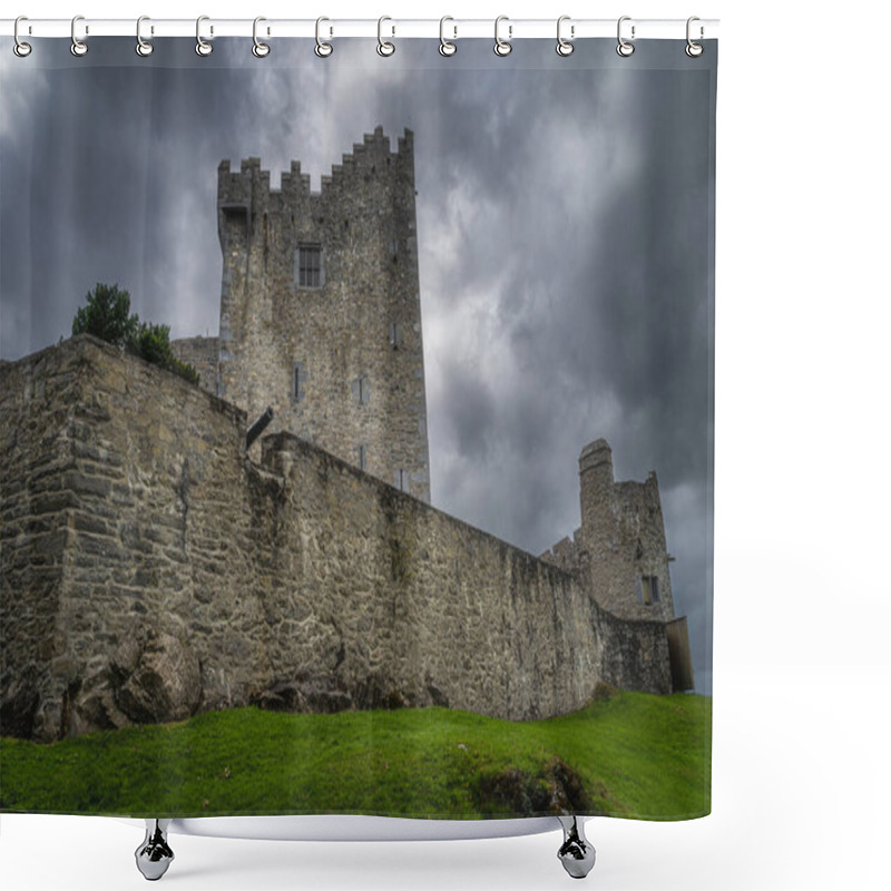 Personality  Cannon Sticking Out From Fortification Wall Of 15th Century Ross Castle With Dramatic Storm Clouds In Background, Ring Of Kerry, Killarney, Ireland Shower Curtains