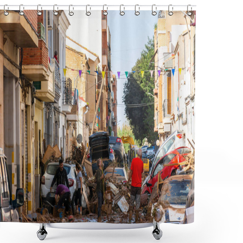 Personality  Massanassa, Valencia, Spain. October 31, 2024 - Following The Floods In The Area, A Street In The Town Appears Full Of Piled-up Vehicles, While People Carry Out Cleaning And Debris Removal Work. Shower Curtains