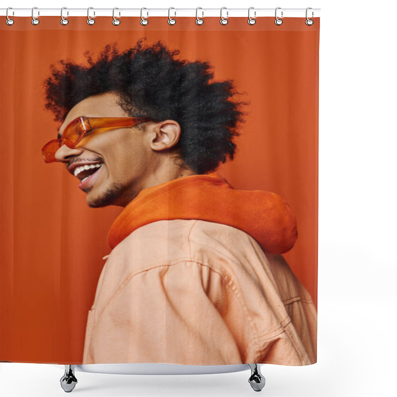 Personality  A Stylish Young African American Man With A Curly Afro Wearing Sunglasses And A Jacket, Expressing Emotions On An Orange Background. Shower Curtains