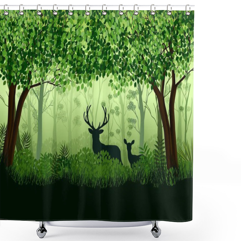 Personality  Green Forest With Wild Elk In Forest Shower Curtains